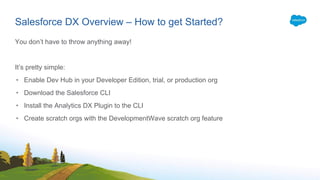 Salesforce DX Overview – How to get Started?
You don’t have to throw anything away!
It’s pretty simple:
• Enable Dev Hub in your Developer Edition, trial, or production org
• Download the Salesforce CLI
• Install the Analytics DX Plugin to the CLI
• Create scratch orgs with the DevelopmentWave scratch org feature
 