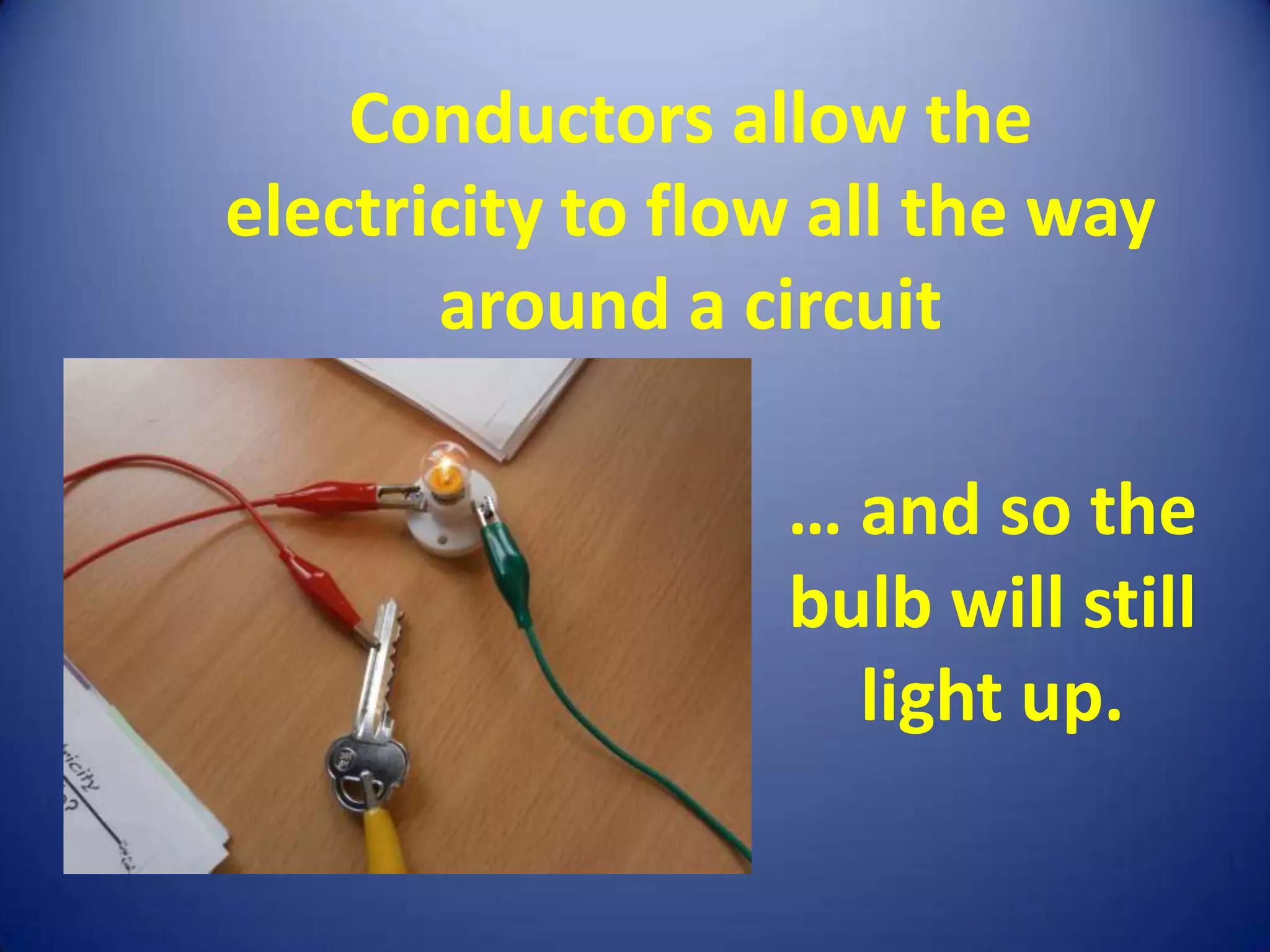 Conductors allow the
electricity to flow all the way
       around a circuit

                  … and so the
                  bulb will still
                    light up.
 
