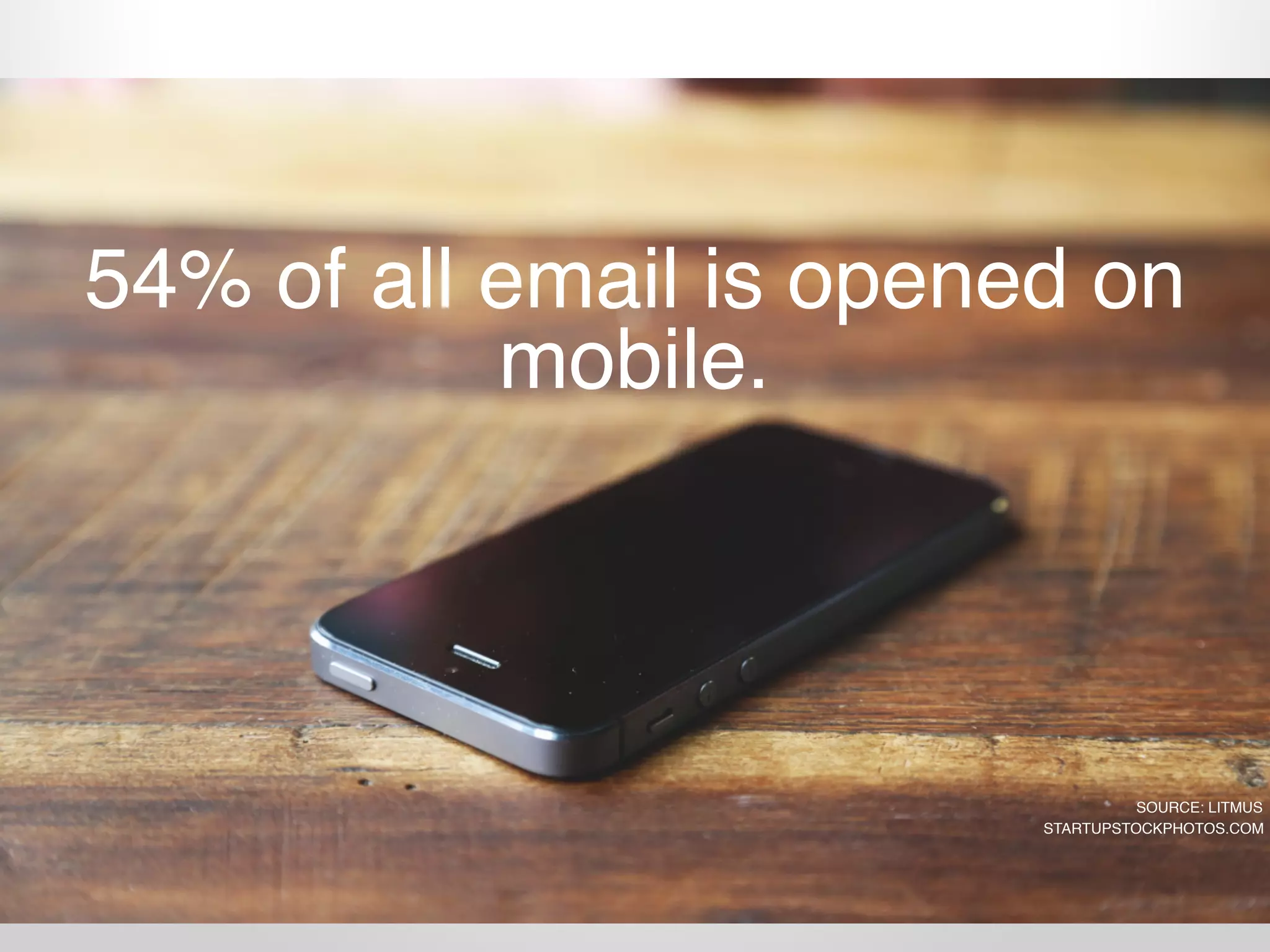 54% of all email is opened on
mobile.
SOURCE: LITMUS
STARTUPSTOCKPHOTOS.COM
 