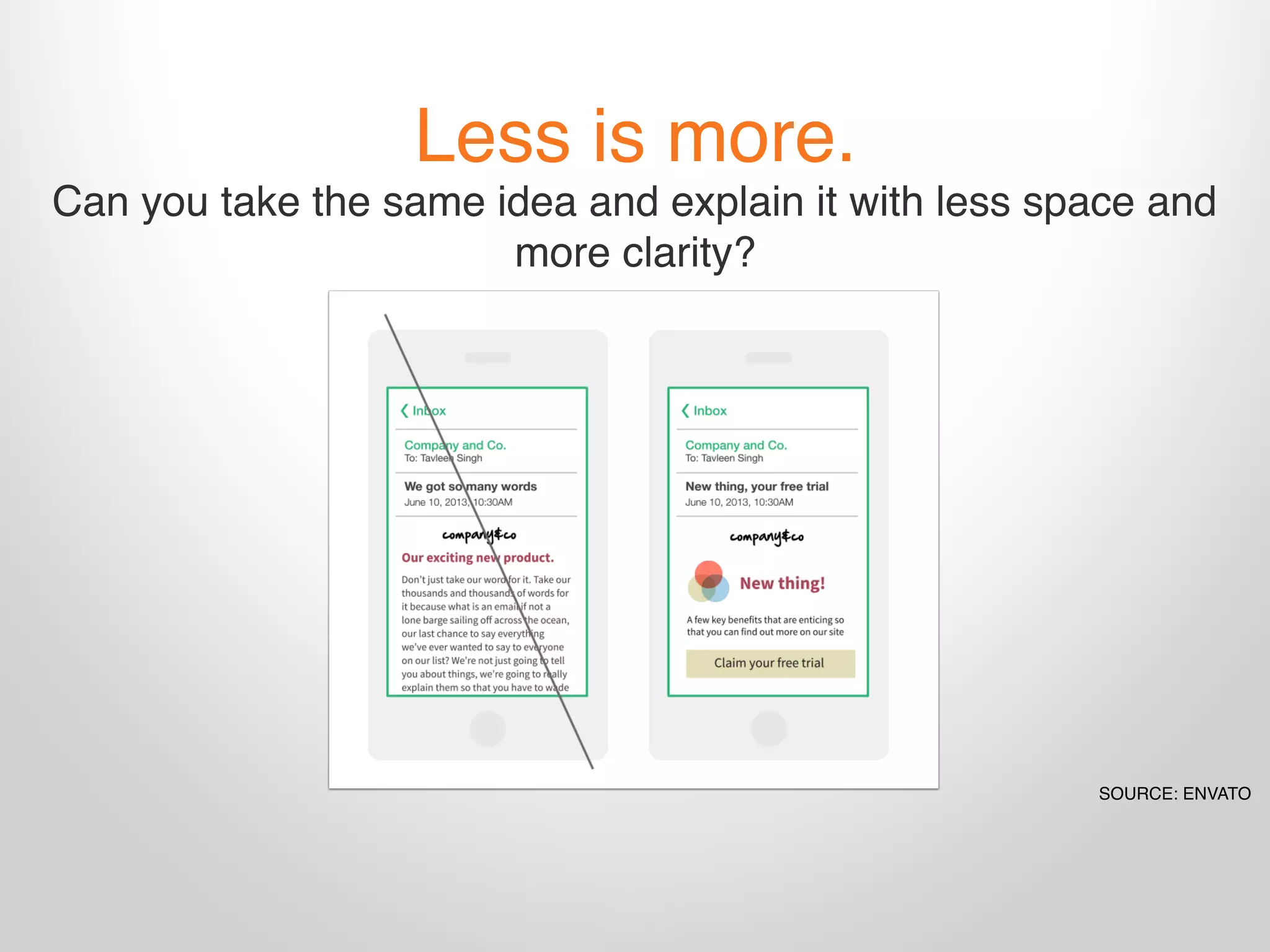 Less is more.
Can you take the same idea and explain it with less space and
more clarity?
SOURCE: ENVATO
 