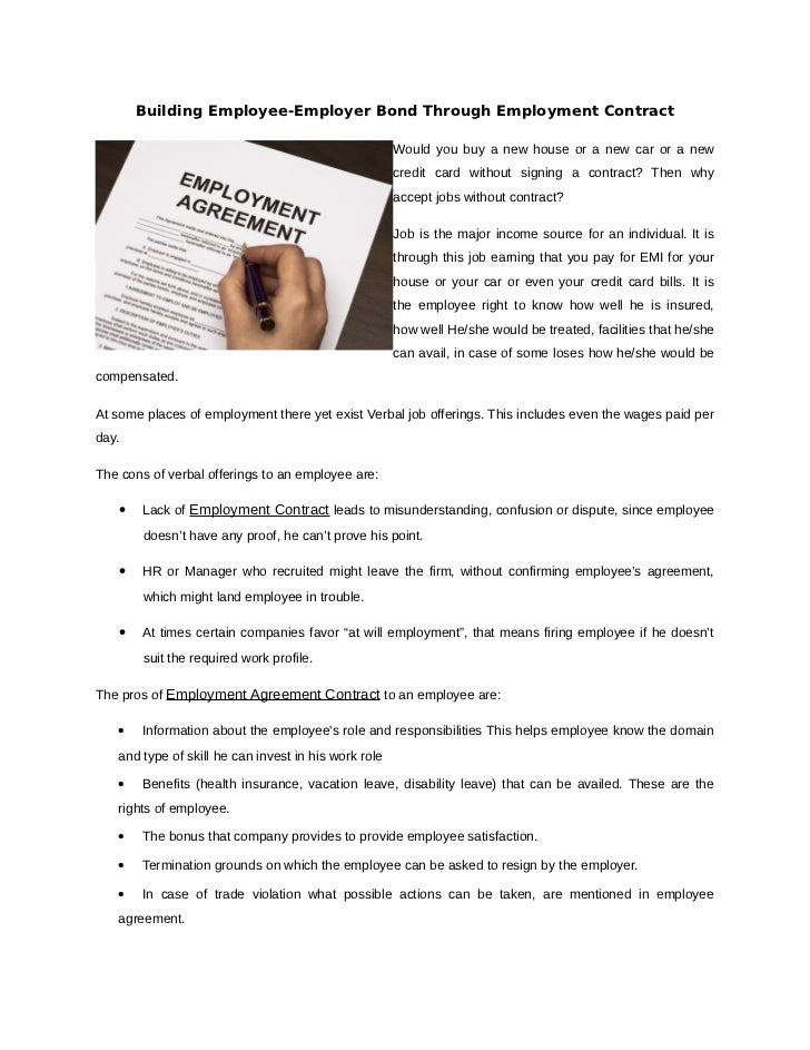 Building employee employer bond through employment contract