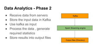 Data Analytics - Phase 2
● Receive data from servers
● Store the input data in Kafka
● Use kafka as input
● Process the data , generate
required statistics
● Store results into output files
Spark Streaming engine
Kafka
Output files (Directory)
 