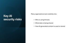 Key AI
security risks
Many organizations lack visibility into:
• Who is using AI tools
• What data is being shared
• How AI-generated content is used or stored
 