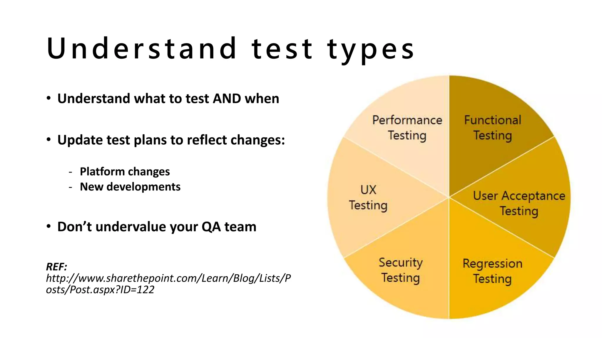 Understand test types
• Understand what to test AND when
• Update test plans to reflect changes:
- Platform changes
- New developments
• Don’t undervalue your QA team
REF:
http://www.sharethepoint.com/Learn/Blog/Lists/P
osts/Post.aspx?ID=122
 