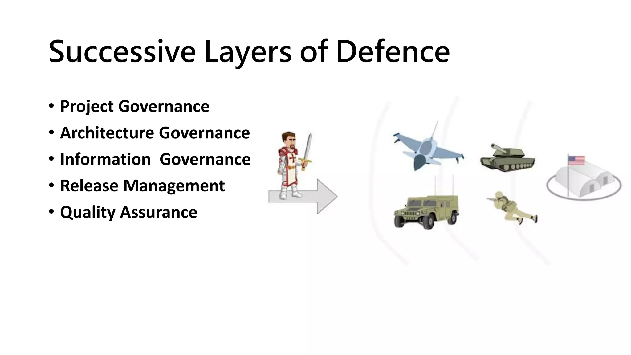 Successive Layers of Defence
• Project Governance
• Architecture Governance
• Information Governance
• Release Management
• Quality Assurance
 