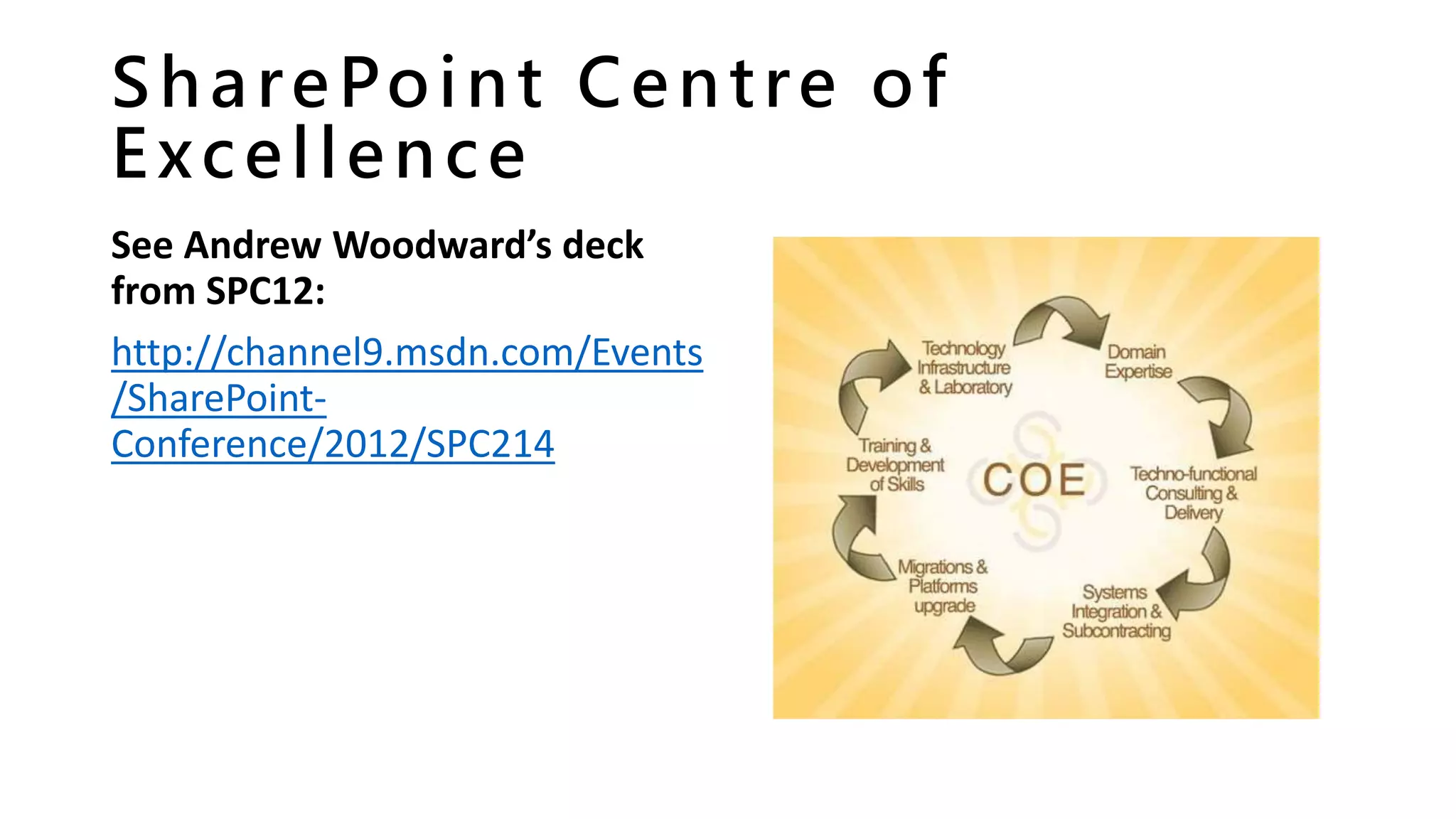 SharePoint Centre of
Excellence
See Andrew Woodward’s deck
from SPC12:
http://channel9.msdn.com/Events
/SharePoint-
Conference/2012/SPC214
 