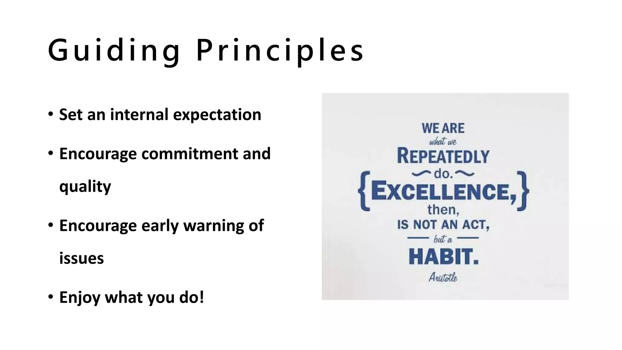 Guiding Principles
• Set an internal expectation
• Encourage commitment and
quality
• Encourage early warning of
issues
• Enjoy what you do!
 
