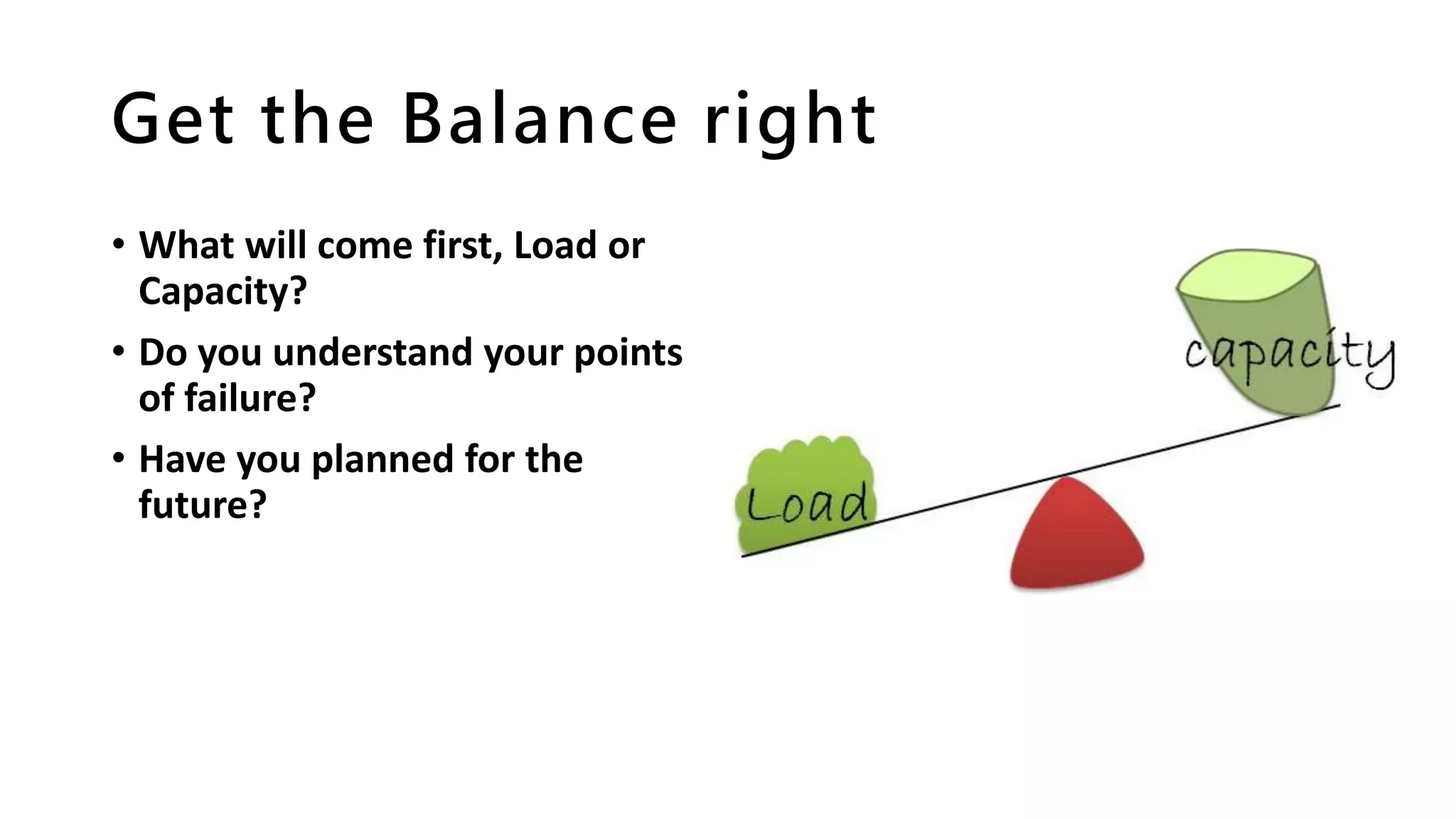 Get the Balance right
• What will come first, Load or
Capacity?
• Do you understand your points
of failure?
• Have you planned for the
future?
 