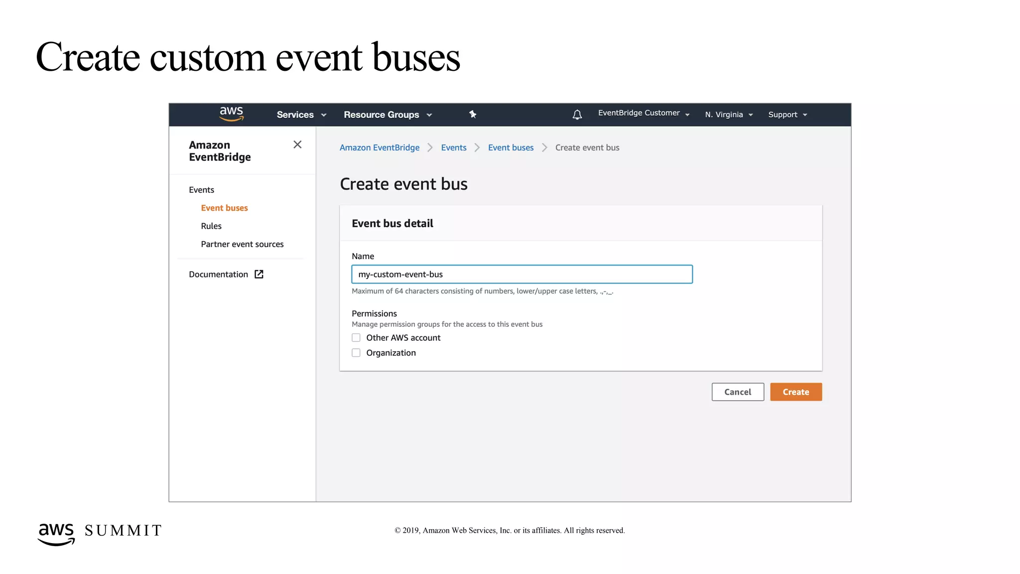 S U M M I T © 2019, Amazon Web Services, Inc. or its affiliates. All rights reserved.
Create custom event buses
 
