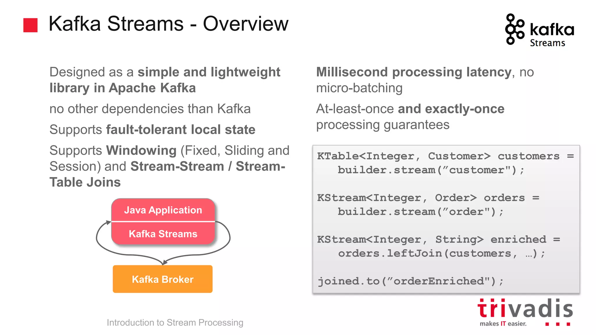 Kafka Streams - Overview Introduction to Stream Processing Designed as a simple and lightweight library in Apache Kafka no other dependencies than Kafka Supports fault-tolerant local state Supports Windowing (Fixed, Sliding and Session) and Stream-Stream / Stream- Table Joins Millisecond processing latency, no micro-batching At-least-once and exactly-once processing guarantees KTable<Integer, Customer> customers = builder.stream(”customer"); KStream<Integer, Order> orders = builder.stream(”order"); KStream<Integer, String> enriched = orders.leftJoin(customers, …); joined.to(”orderEnriched"); trucking_ driver Kafka Broker Java Application Kafka Streams 