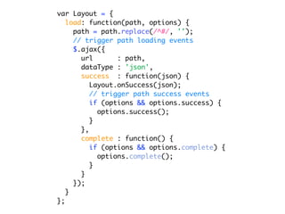 var Layout = {
   load: function(path, options) {
     path = path.replace(/^#/, '');
     // trigger path loading events
     $.ajax({
       url       : path,
       dataType : 'json',
       success : function(json) {
          Layout.onSuccess(json);
          // trigger path success events
          if (options && options.success) {
            options.success();
          }
       },
       complete : function() {
          if (options && options.complete) {
            options.complete();
          }
       }
     });
   }
};
 