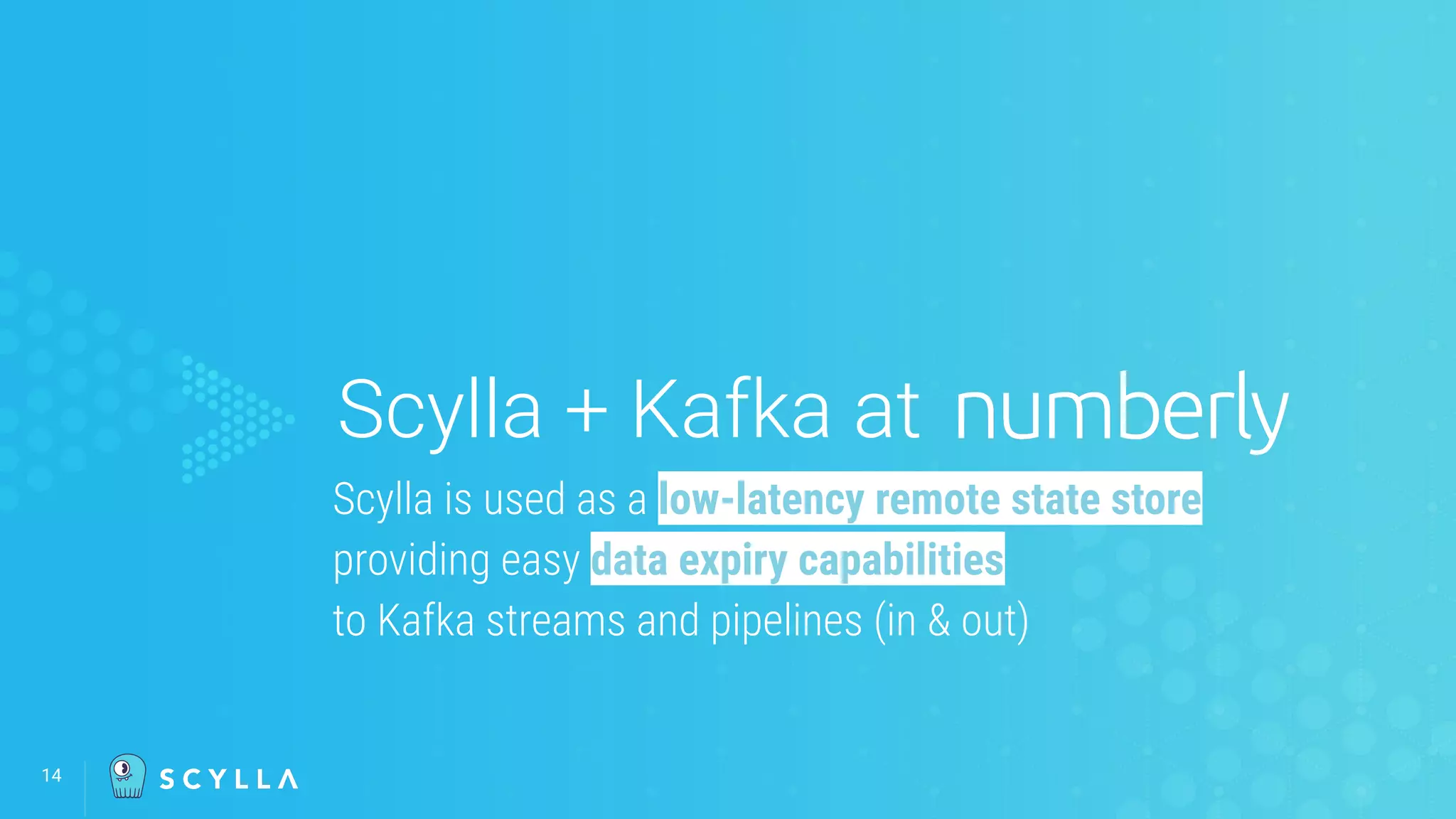 14
Scylla + Kafka at
Scylla is used as a low-latency remote state store
providing easy data expiry capabilities
to Kafka streams and pipelines (in & out)
 