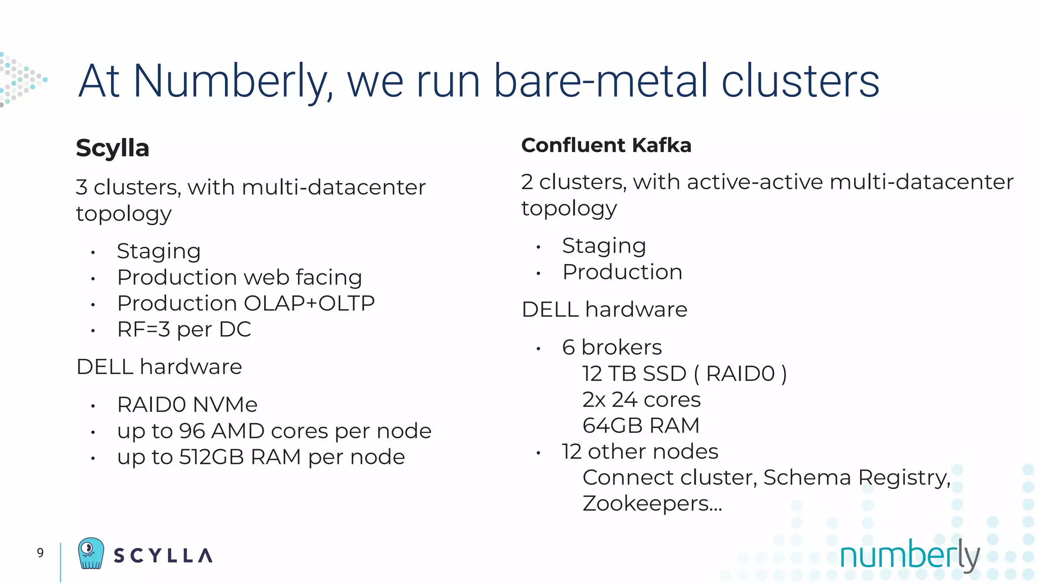 9
At Numberly, we run bare-metal clusters
Scylla
3 clusters, with multi-datacenter
topology
• Staging
• Production web facing
• Production OLAP+OLTP
• RF=3 per DC
DELL hardware
• RAID0 NVMe
• up to 96 AMD cores per node
• up to 512GB RAM per node
Conﬂuent Kafka
2 clusters, with active-active multi-datacenter
topology
• Staging
• Production
DELL hardware
• 6 brokers
12 TB SSD ( RAID0 )
2x 24 cores
64GB RAM
• 12 other nodes
Connect cluster, Schema Registry,
Zookeepers...
 