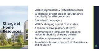 • Market-segmented EV installation toolkits
• EV charging project builder tool, designed
specifically for MFH properties
• Educational one-pagers
• MFH EV charging project case studies
• A comprehensive glossary of terms
• Communication templates for updating
residents about EV charging policies
• Resident empowerment resources
• Roundtable Sessions: live technical assistance
and education
Charge at
Home
Resources
 
