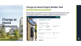 Charge at Home Project Builder Tool
chargeathome.org/tools
Generates site-specific EV charging infrastructure cost
estimates based on unique inputs entered about a
multifamily property.
Charge at
Home
Resources
 