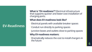EV-Readiness
What is “EV-readiness”? Electrical infrastructure
that supports quicker and lower-cost installation of
charging ports.
What does EV-readiness look like?
 Electrical panels with available breaker spaces
 Conduit run directly to parking spaces
 Junction boxes and outlets close to parking spaces
Why EV-readiness matters:
 Dramatically reduces the cost to install chargers in
the future
 