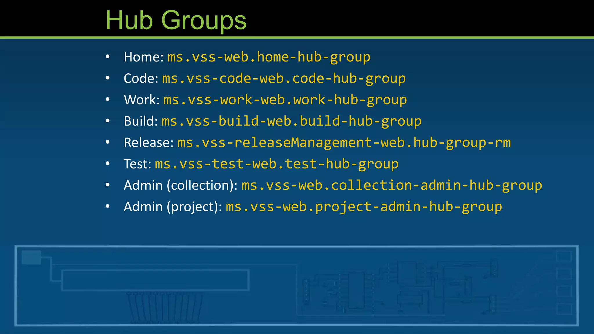Hub Groups
• Home: ms.vss-web.home-hub-group
• Code: ms.vss-code-web.code-hub-group
• Work: ms.vss-work-web.work-hub-group
• Build: ms.vss-build-web.build-hub-group
• Release: ms.vss-releaseManagement-web.hub-group-rm
• Test: ms.vss-test-web.test-hub-group
• Admin (collection): ms.vss-web.collection-admin-hub-group
• Admin (project): ms.vss-web.project-admin-hub-group
 