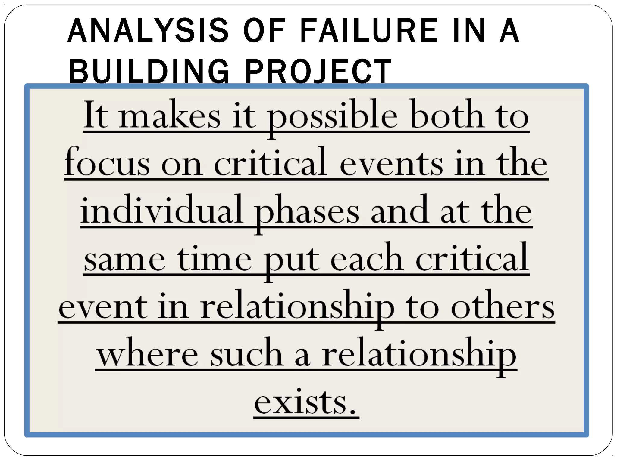 ANALYSIS OF FAILURE IN A
BUILDING PROJECT
 