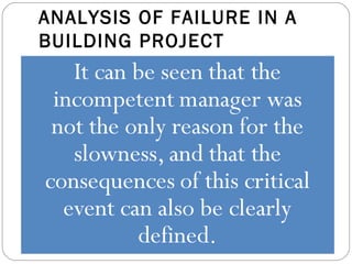 ANALYSIS OF FAILURE IN A
BUILDING PROJECT
 