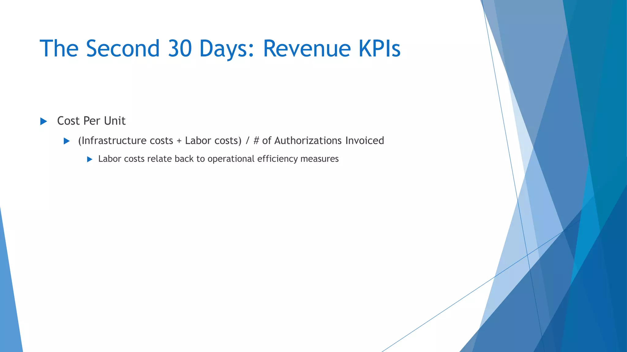 The Second 30 Days: Revenue KPIs
 Cost Per Unit
 (Infrastructure costs + Labor costs) / # of Authorizations Invoiced
 Labor costs relate back to operational efficiency measures
 
