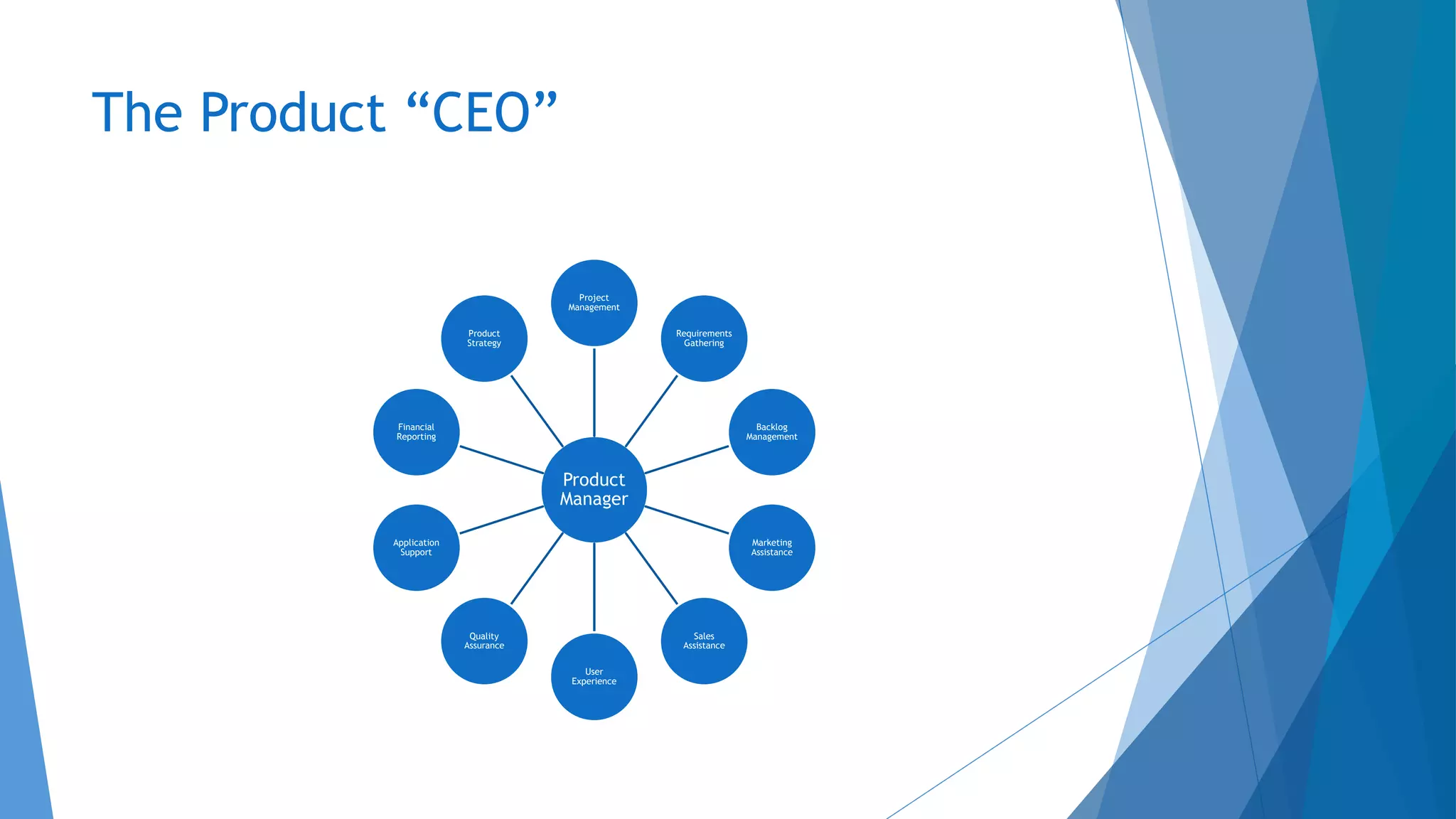 The Product “CEO”
Product
Manager
Project
Management
Requirements
Gathering
Backlog
Management
Marketing
Assistance
Sales
Assistance
User
Experience
Quality
Assurance
Application
Support
Financial
Reporting
Product
Strategy
 