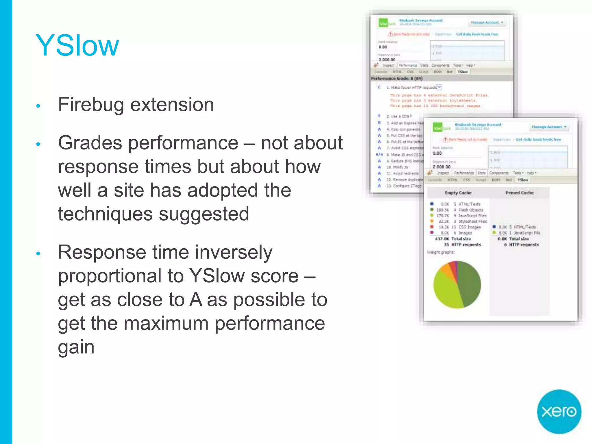 YSlow
• Firebug extension
• Grades performance – not about
response times but about how
well a site has adopted the
techniques suggested
• Response time inversely
proportional to YSlow score –
get as close to A as possible to
get the maximum performance
gain
 
