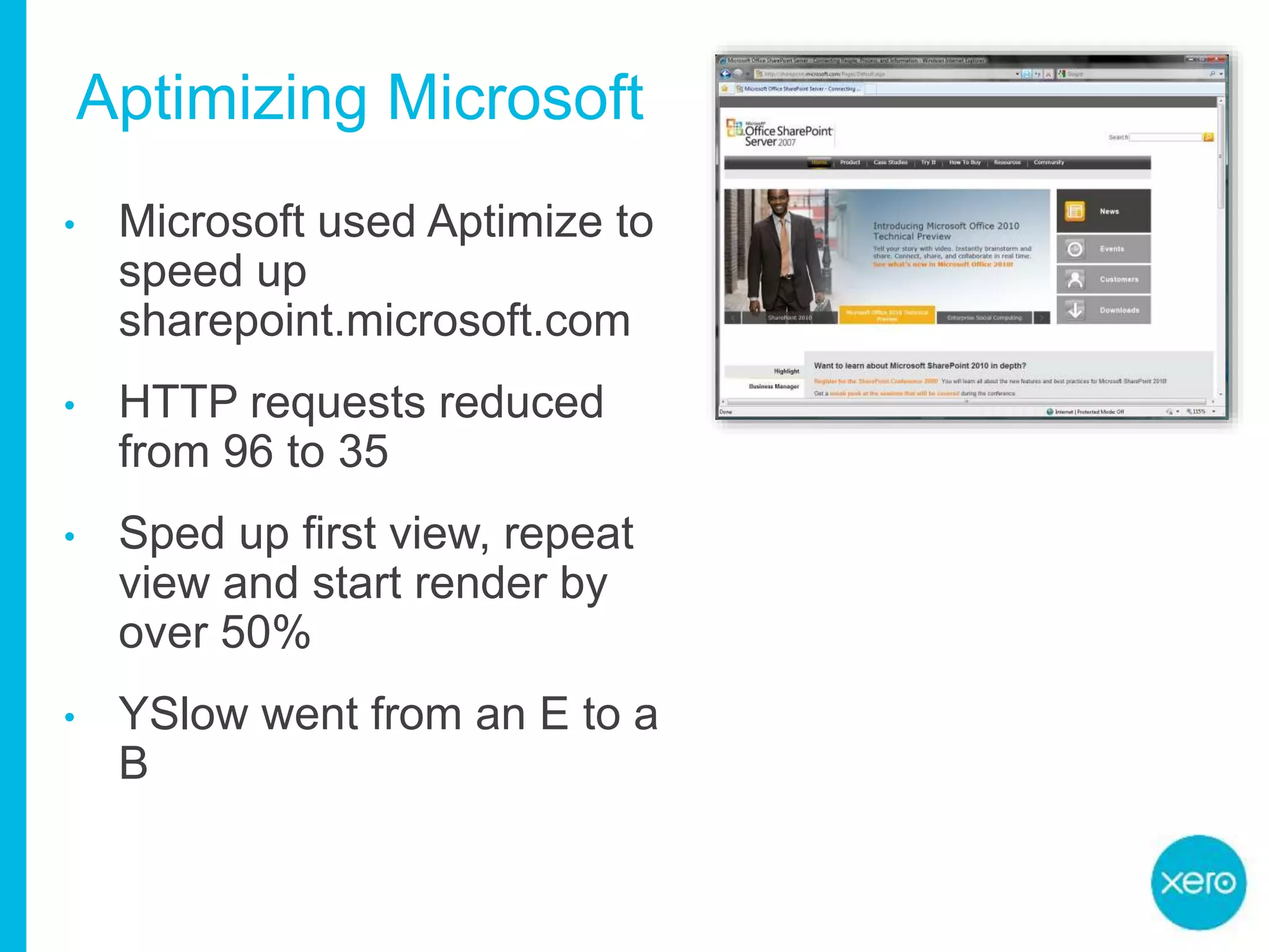 Aptimizing Microsoft
• Microsoft used Aptimize to
speed up
sharepoint.microsoft.com
• HTTP requests reduced
from 96 to 35
• Sped up first view, repeat
view and start render by
over 50%
• YSlow went from an E to a
B
 