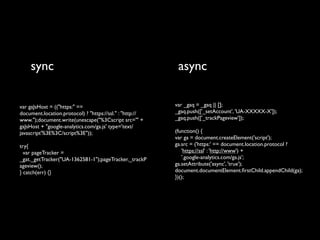 sync                                                   async

var gaJsHost = (("https:" ==                              var _gaq = _gaq || [];
document.location.protocol) ? "https://ssl." : "http://   _gaq.push(['_setAccount', 'UA-XXXXX-X']);
www.");document.write(unescape("%3Cscript src='" +        _gaq.push(['_trackPageview']);
gaJsHost + "google-analytics.com/ga.js' type='text/
javascript'%3E%3C/script%3E"));                           (function() {
                                                          var ga = document.createElement('script');
try{                                                      ga.src = ('https:' == document.location.protocol ?
  var pageTracker =                                          'https://ssl' : 'http://www') +
_gat._getTracker("UA-1362581-1");pageTracker._trackP         '.google-analytics.com/ga.js';
ageview();                                                ga.setAttribute('async', 'true');
} catch(err) {}                                           document.documentElement.ﬁrstChild.appendChild(ga);
                                                          })();
 