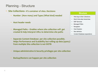 Planning - Structure<br /><ul><li>Site Collections– It’s container of sites. Decisions