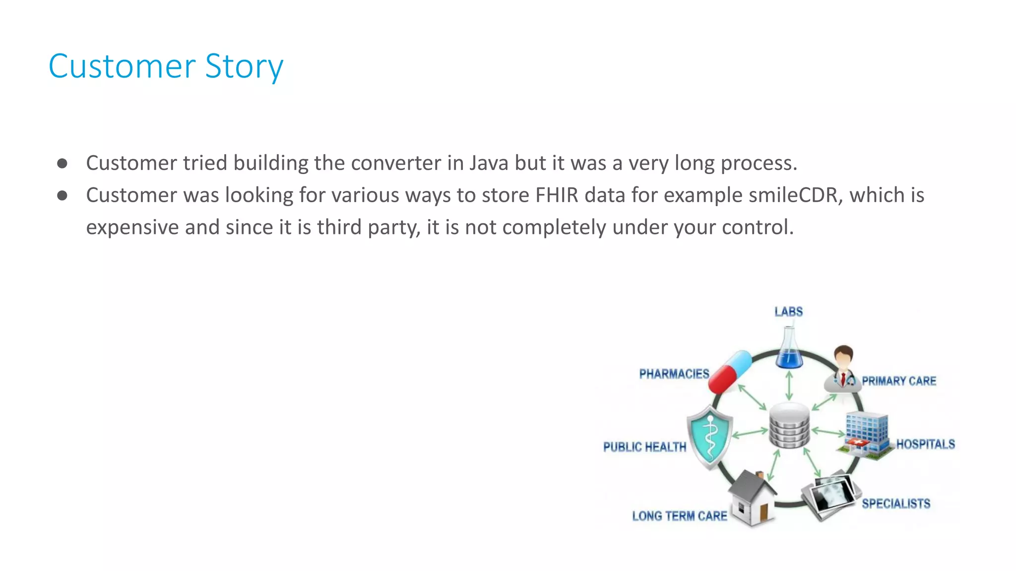 Customer Story
● Customer tried building the converter in Java but it was a very long process.
● Customer was looking for various ways to store FHIR data for example smileCDR, which is
expensive and since it is third party, it is not completely under your control.
12
 