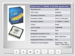 Intel Core i7-2600K 3.40 GHz Quad-Core Manufacturer: Intel CPU Type: Desktop Processor Interface: LGA1155 Processor Class: Core i7 (2nd gen) Processor Speed: i7-2600K / 3.4GHz Cores: Quad L2/L3 Cache: 1MB/8MB Wattage: 95W Integrated Graphics Core: Yes Graphics Core Speed: 850-1350 MHz Integrated Memory Controller: Yes Additional Technologies: Speedstep, Clear Video, Turbo Boost 