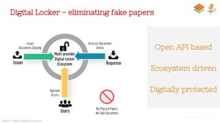 Digital Locker - eliminating fake papers
Open API based
Ecosystem driven
Digitally protected
Source: https://digilocker.gov.in
Multi-provider
Digital Locker
EcosystemIssuer Requestor
Users
Issues
Documents Digitally
Accesses Documents
Online
Approves
Access
No Physical Papers
No Fake Documents
Nandan Nilekani, 2018
 