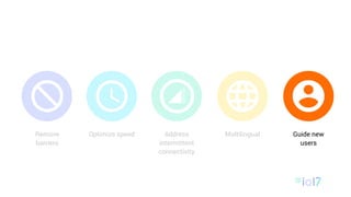Remove
barriers
Optimize speed Address
intermittent
connectivity
Multilingual Guide new
users
 