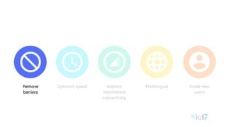 Optimize speed Address
intermittent
connectivity
Multilingual Guide new
users
Remove
barriers
 