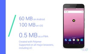 60 MBon Android
100 MBon iOS
0.5 MBas a PWA
Created with Polymer
Supported on all major browsers,
including UC
 
