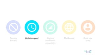 Remove
barriers
Address
intermittent
connectivity
Multilingual Guide new
users
Optimize speed
 