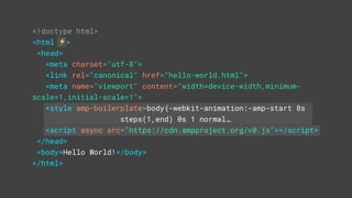 <!doctype html>
<html ⚡>
<head>
<meta charset="utf-8">
<link rel="canonical" href="hello-world.html">
<meta name="viewport" content="width=device-width,minimum-
scale=1,initial-scale=1">
<style amp-boilerplate>body{-webkit-animation:-amp-start 8s
steps(1,end) 0s 1 normal…
<script async src="https://cdn.ampproject.org/v0.js"></script>
</head>
<body>Hello World!</body>
</html>
 