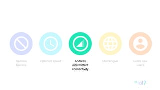 Remove
barriers
Optimize speed Multilingual Guide new
users
Address
intermittent
connectivity
 