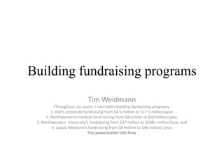Building fundraising programs
                             Tim Weidmann
           Throughout my career, I have been building fundraising programs:
         1. Yale’s corporate fundraising from $4.5 million to $17.5 million/year,
      2. Northwestern’s medical fund-raising from $8 million to $60 million/year,
 3. Northwestern University’s fundraising from $37 million to $200+ million/year, and
         4. Loyola Medicine’s fundraising from $8 million to $46 million/ year.
                               This presentation tells how.
 