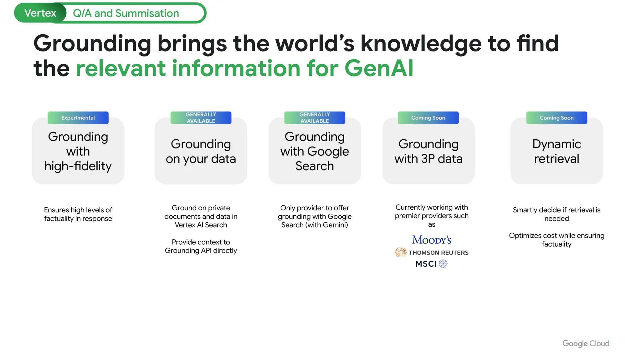 Grounding
with Google
Search
GENERALLY
AVAILABLE
Only provider to offer
grounding with Google
Search (with Gemini)
Grounding
with 3P data
Coming Soon
Currently working with
premier providers such
as
Grounding
on your data
GENERALLY
AVAILABLE
Ground on private
documents and data in
Vertex AI Search
Provide context to
Grounding API directly
Grounding
with
high-fidelity
Experimental
Ensures high levels of
factuality in response
Dynamic
retrieval
Coming Soon
Smartly decide if retrieval is
needed
Optimizes cost while ensuring
factuality
Q/A and Summisation
Vertex
Grounding brings the world’s knowledge to find
the relevant information for GenAI
 