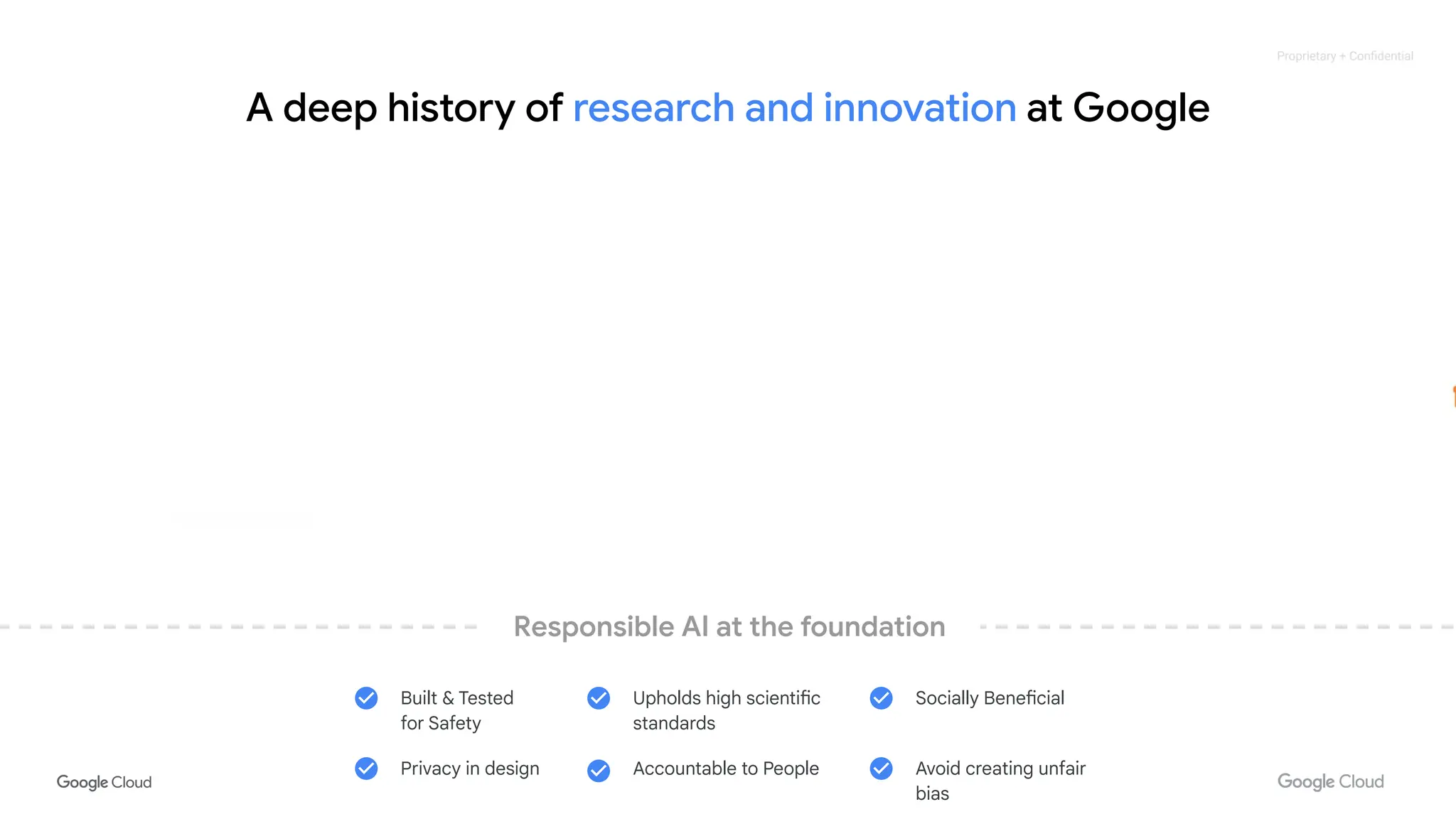 Proprietary + Conﬁdential
A deep history of research and innovation at Google
Responsible AI at the foundation
Built & Tested
for Safety
Privacy in design
Upholds high scientific
standards
Accountable to People
Socially Beneficial
Avoid creating unfair
bias
 