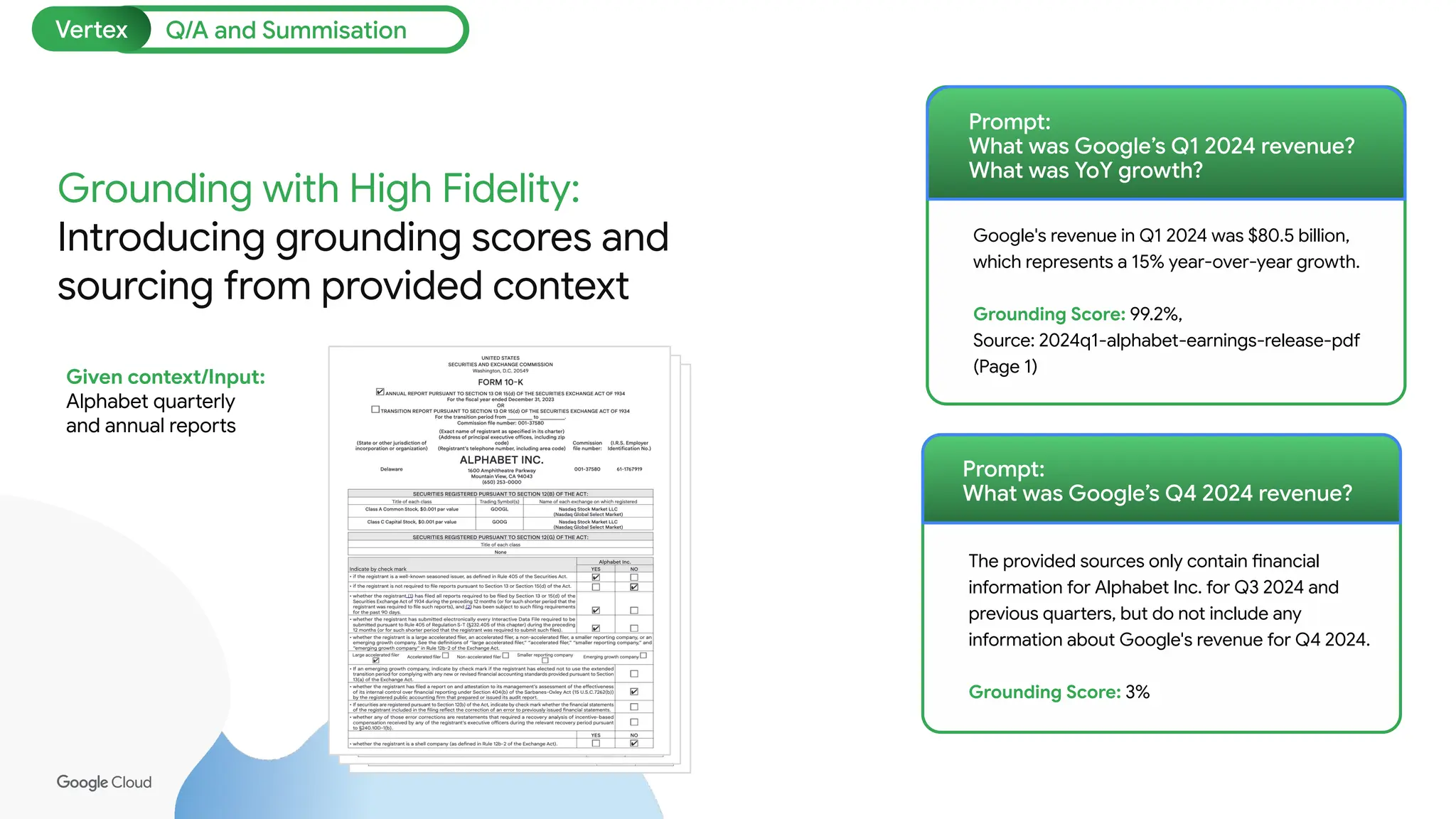 The provided sources only contain financial
information for Alphabet Inc. for Q3 2024 and
previous quarters, but do not include any
information about Google's revenue for Q4 2024.
Grounding Score: 3%
Grounding with High Fidelity:
Introducing grounding scores and
sourcing from provided context
Prompt:
What was Google’s Q1 2024 revenue?
What was YoY growth?
Google's revenue in Q1 2024 was $80.5 billion,
which represents a 15% year-over-year growth.
Grounding Score: 99.2%,
Source: 2024q1-alphabet-earnings-release-pdf
(Page 1)
Prompt:
What was Google’s Q4 2024 revenue?
Given context/Input:
Alphabet quarterly
and annual reports
Q/A and Summisation
Vertex
 