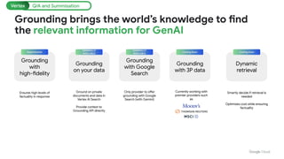 Grounding
with Google
Search
GENERALLY
AVAILABLE
Only provider to offer
grounding with Google
Search (with Gemini)
Grounding
with 3P data
Coming Soon
Currently working with
premier providers such
as
Grounding
on your data
GENERALLY
AVAILABLE
Ground on private
documents and data in
Vertex AI Search
Provide context to
Grounding API directly
Grounding
with
high-fidelity
Experimental
Ensures high levels of
factuality in response
Dynamic
retrieval
Coming Soon
Smartly decide if retrieval is
needed
Optimizes cost while ensuring
factuality
Q/A and Summisation
Vertex
Grounding brings the world’s knowledge to find
the relevant information for GenAI
 