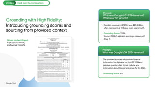 The provided sources only contain financial
information for Alphabet Inc. for Q3 2024 and
previous quarters, but do not include any
information about Google's revenue for Q4 2024.
Grounding Score: 3%
Grounding with High Fidelity:
Introducing grounding scores and
sourcing from provided context
Prompt:
What was Google’s Q1 2024 revenue?
What was YoY growth?
Google's revenue in Q1 2024 was $80.5 billion,
which represents a 15% year-over-year growth.
Grounding Score: 99.2%,
Source: 2024q1-alphabet-earnings-release-pdf
(Page 1)
Prompt:
What was Google’s Q4 2024 revenue?
Given context/Input:
Alphabet quarterly
and annual reports
Q/A and Summisation
Vertex
 