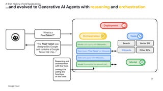 Google Cloud
21
“What is a
Pixel Tablet?”
“The Pixel Tablet was
designed by Google
and contains a Google
Tensor G2 chip…”
Reasoning and
orchestration
with the Tools
Letting LLM
calling the
functions
of the Tools
Search Vector DB
Wikipedia Other APIs
Deployment
Model: Let's query with Wikipedia...
Tool: Query "Pixel Tablet" on Wikipedia
Tool: Let's query with Wikipedia...
Model: Summarize the relevant part...
Tools
Model
Orchestration
A Brief History of LLM Applications
…and evolved to Generative AI Agents with reasoning and orchestration
 
