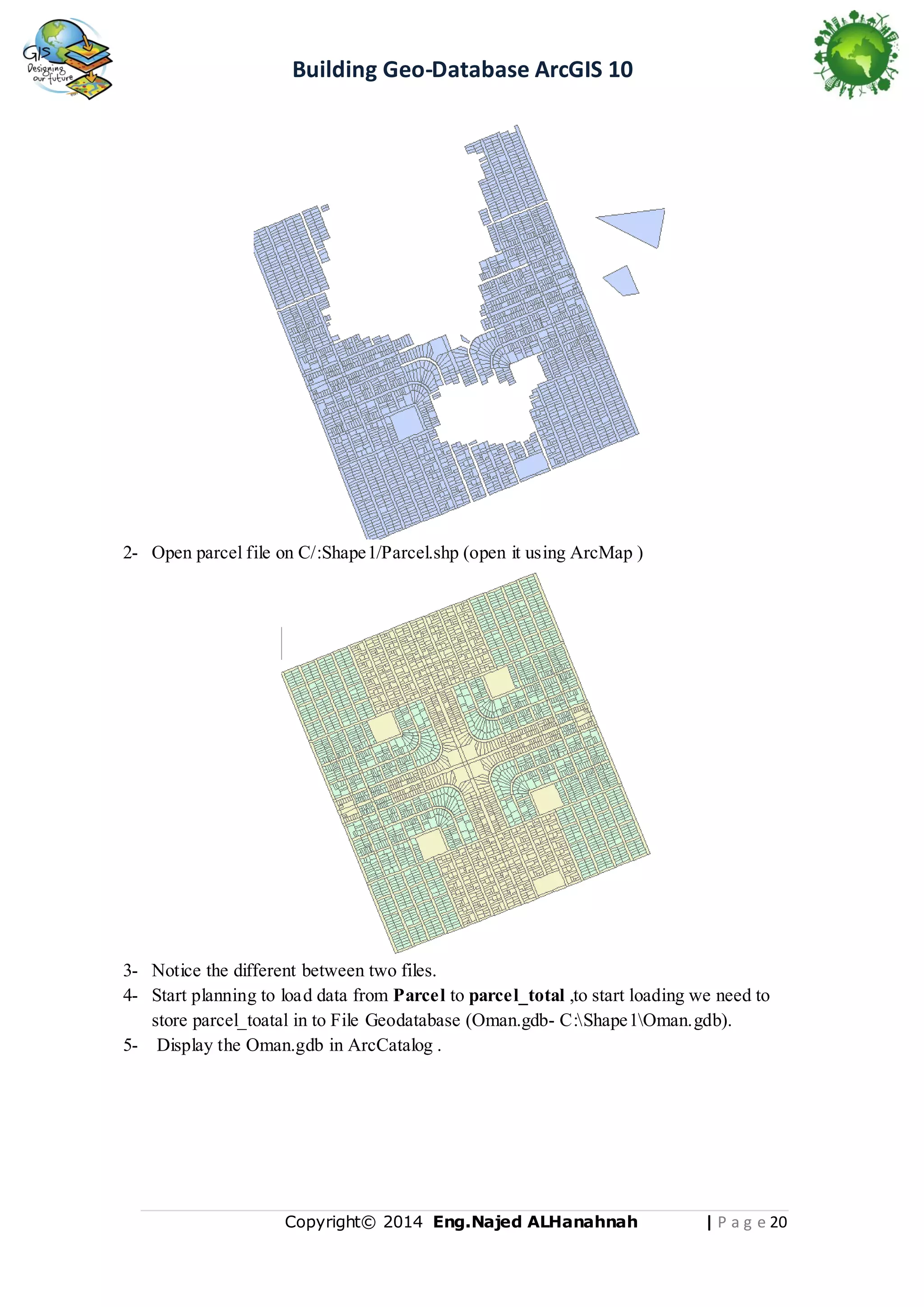 Building Geo-Database ArcGIS 10

2- Open parcel file on C/:Shape1/Parcel.shp (open it using ArcMap )

3- Notice the different between two files.
4- Start planning to load data from Parcel to parcel_total ,to start loading we need to
store parcel_toatal in to File Geodatabase (Oman.gdb- C:Shape1Oman.gdb).
5- Display the Oman.gdb in ArcCatalog .

Copyright© 2014 Eng.Naje d ALHanahnah

| P a g e 21

 
