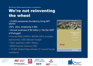 ISCTE-IUL MITPortugal Venture Competition


                                 We're not reinventing
                                 the wheel
                                 • 33.600 companies founded by living MIT
                                 alumni
                                 (76% alive, employing 3.3M)
                                 • Annual revenues of $2 trillion (~10x the GDP
                                 of Portugal)!
                                 • Annual R&D CAPEX: $650M (54% privately
                                 sponsored); USD 2B/year budget
                                 • 500+ patents/y (280+ filed/y)
                                 • $90M license revenue ('08)
                                 • 72 MIT Nobel Prize winners (7 current faculty
                                 members)

0 1 0 2 - 9 0 0 2 t h gi r y p o C
      r of r et n e C x a d u A
      pi h s r u e n e r p e rt n E
                 L UI- E T C SI
 