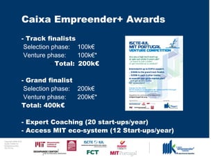 Caixa Empreender+ Awards
                                  - Track finalists
                                   Selection phase: 100k€
                                   Venture phase:    100k€*
                                            – Total: 200k€

                                  - Grand finalist
                                   Selection phase: 200k€
                                   Venture phase:   200k€*
                                  Total: 400k€

                                  - Expert Coaching (20 start-ups/year)
                                  - Access MIT eco-system (12 Start-ups/year)
0 1 0 2 - 9 0 0 2 t h gi r y p o C
      r of r et n e C x a d u A
      pi h s r u e n e r p e rt n E
                 L UI- E T C SI
 