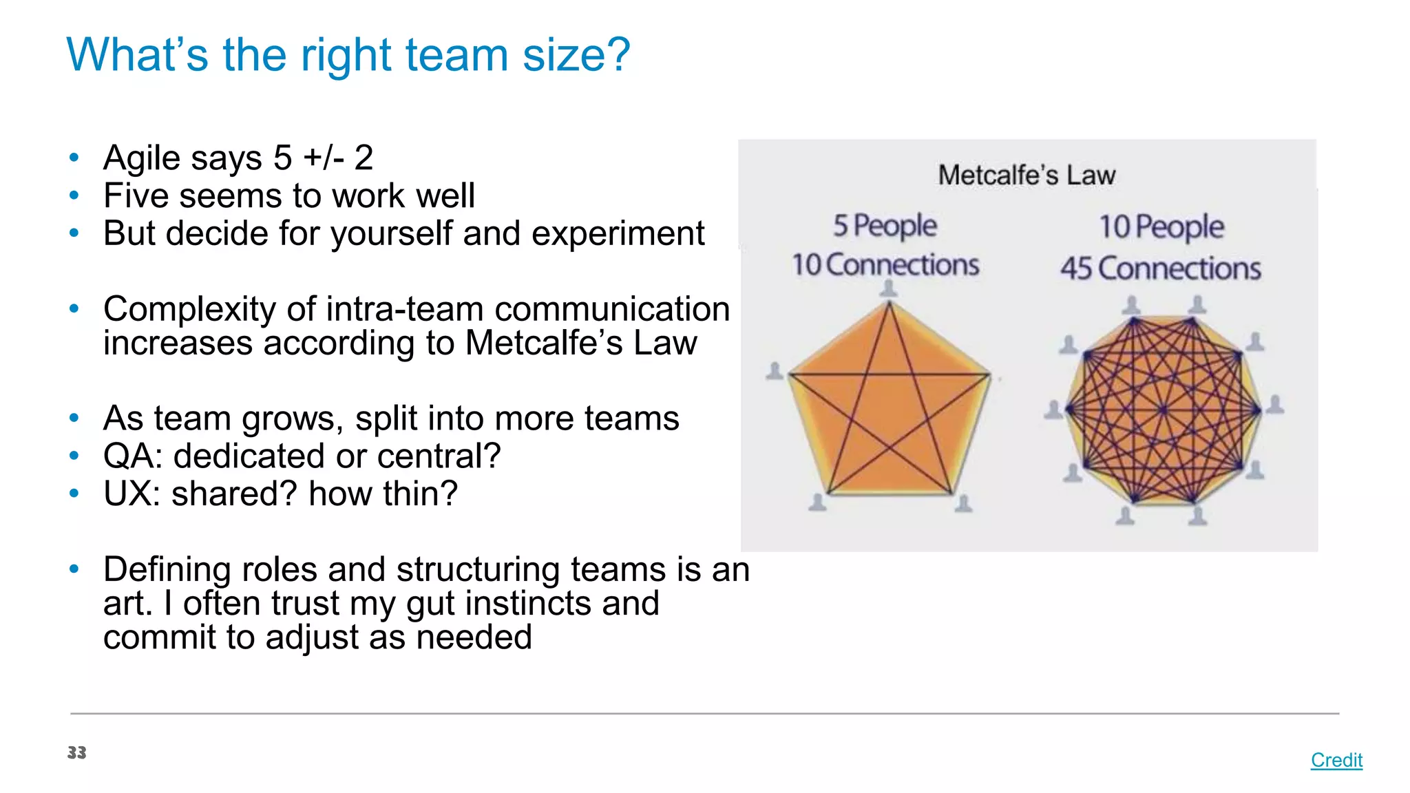 What’s the right team size?
• Agile says 5 +/- 2
• Five seems to work well
• But decide for yourself and experiment

• Complexity of intra-team communication
increases according to Metcalfe’s Law
• As team grows, split into more teams
• QA: dedicated or central?
• UX: shared? how thin?
• Defining roles and structuring teams is an
art. I often trust my gut instincts and
commit to adjust as needed
33

Credit

 