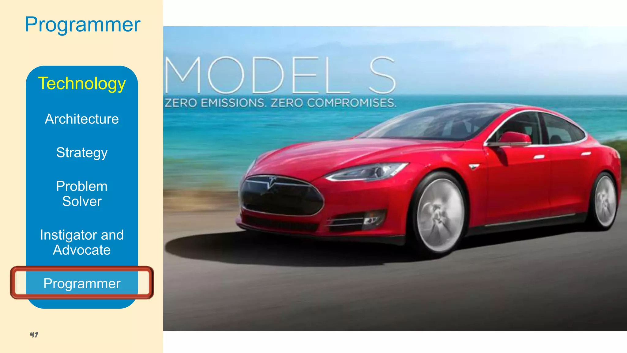 Programmer
Technology
Architecture
Strategy
Problem
Solver
Instigator and
Advocate
Programmer

47

 